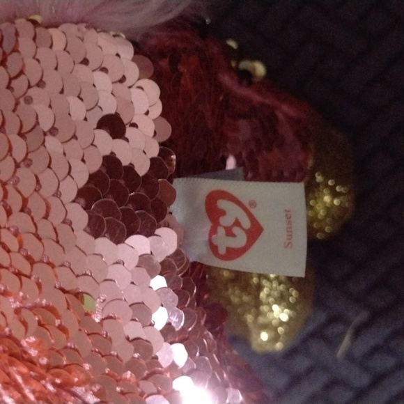 Sunset  Beanie Boo FLIPPABLES: SUNSET -Shiny Coral/Gold Sequined Unicorn 11" - Picture 6 of 6